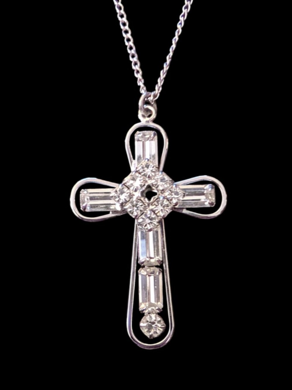 Vintage 1950s 925 Sterling 43mm Ornate Cross Pendant 18" Chain Necklace